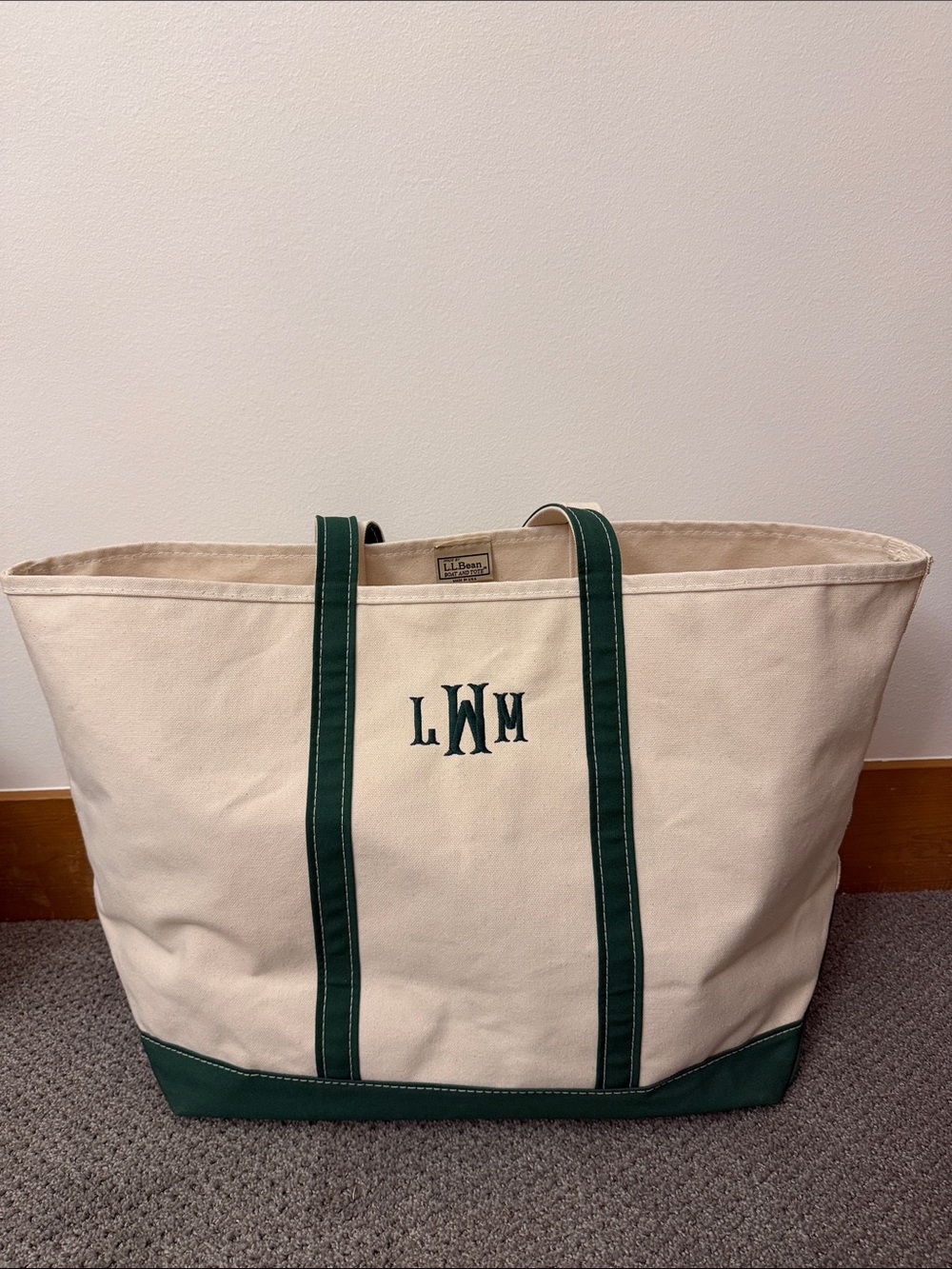 XL L.L. Bean Cream & Dark Green Canvas Tote Bag
